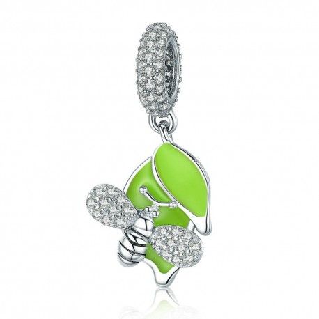 Sterling silver pendant charm Bee with green tree leaves