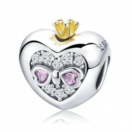 Sterling silver charm Princess crown with pink heart