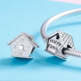 Sterling silver charm Happy family house with clock