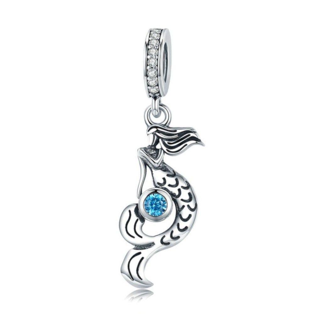 Sterling Silber Charm-Anhänger Meerjungfrau mit blauem Zirkonia