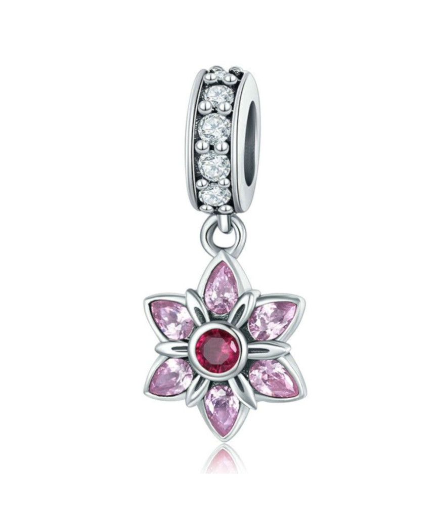 Sterling silver pendant charm Pink crystal spring flower Sterling silver pendant charm Pink crystal spring flower