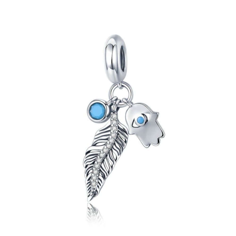 Sterling silver pendant charm Bohemian feather and Hamsa hand