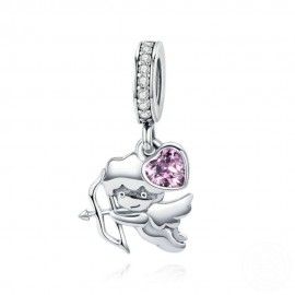 Sterling silver pendant charm Cupid with pink heart