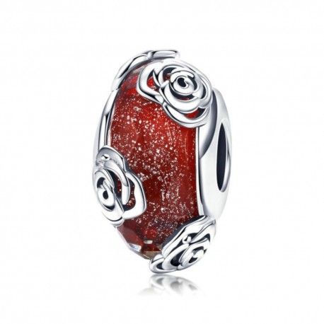 Sterling silver charm Red glass with roses