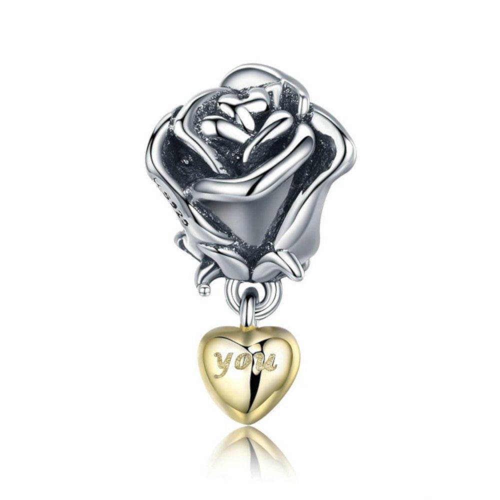 Charm pendentif en argent Rose avec 'toi' dans un coeur d'or