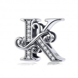 Sterling silver alphabet charm letter K with transparent zirconia stones