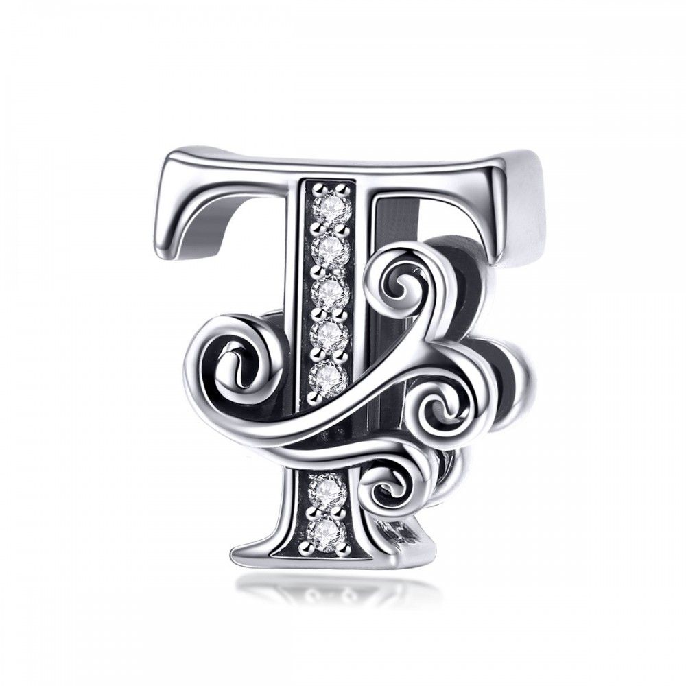 Zilveren alfabet bedel letter T met  transparante zirkonia steentjes