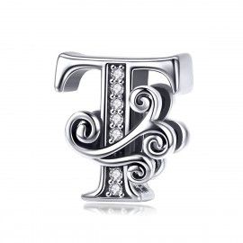 Zilveren alfabet bedel letter T met  transparante zirkonia steentjes