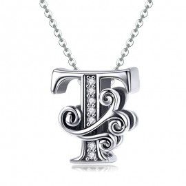 Sterling silver alphabet charm letter T with transparent zirconia stones