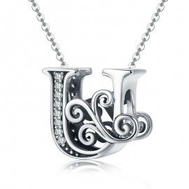 Sterling silver alphabet charm letter U with transparent zirconia stones