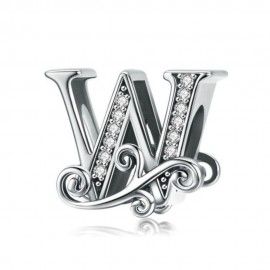 Zilveren alfabet bedel letter W met  transparante zirkonia steentjes