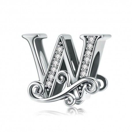 Sterling silver alphabet charm letter W with transparent zirconia stones
