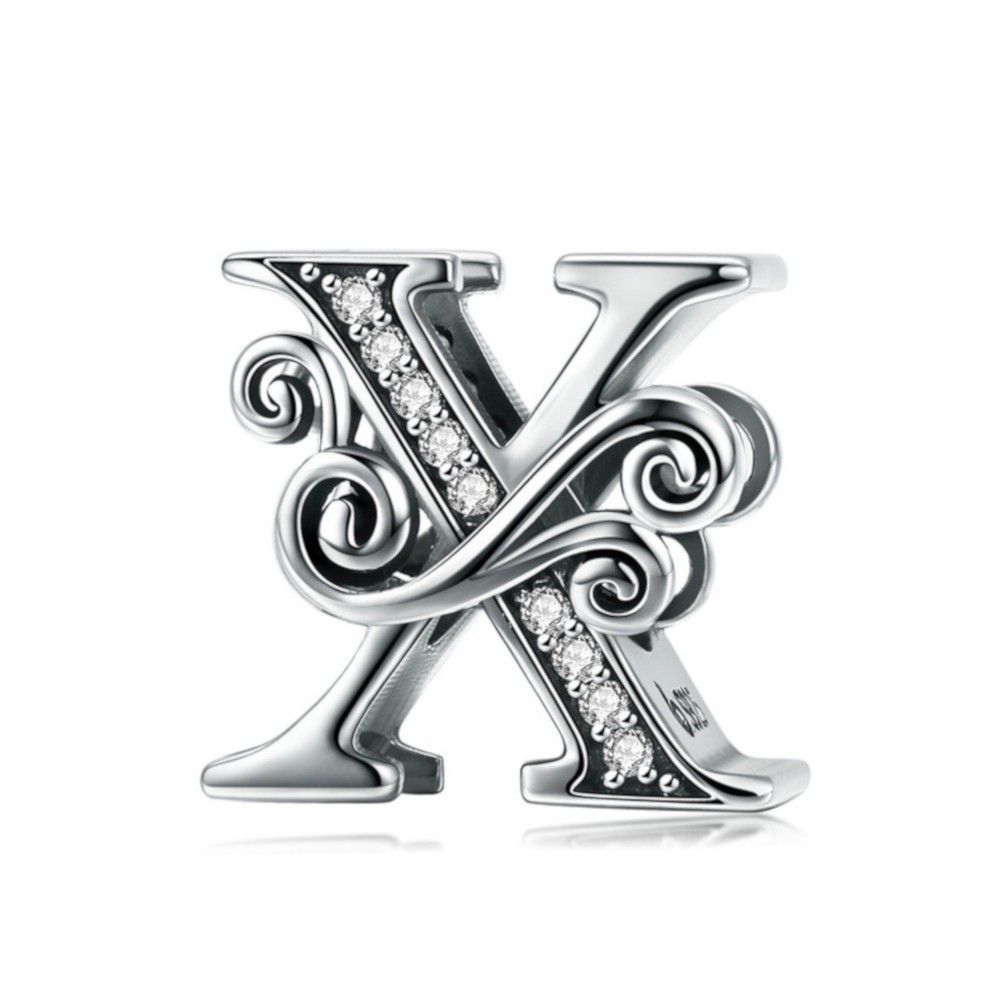 Zilveren alfabet bedel letter X met  transparante zirkonia steentjes