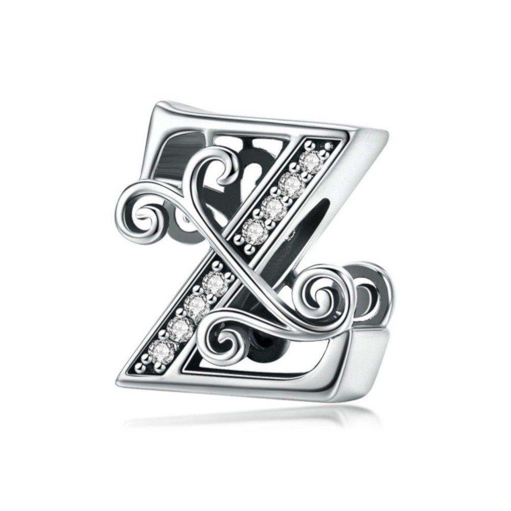 Zilveren alfabet bedel letter Z met  transparante zirkonia steentjes