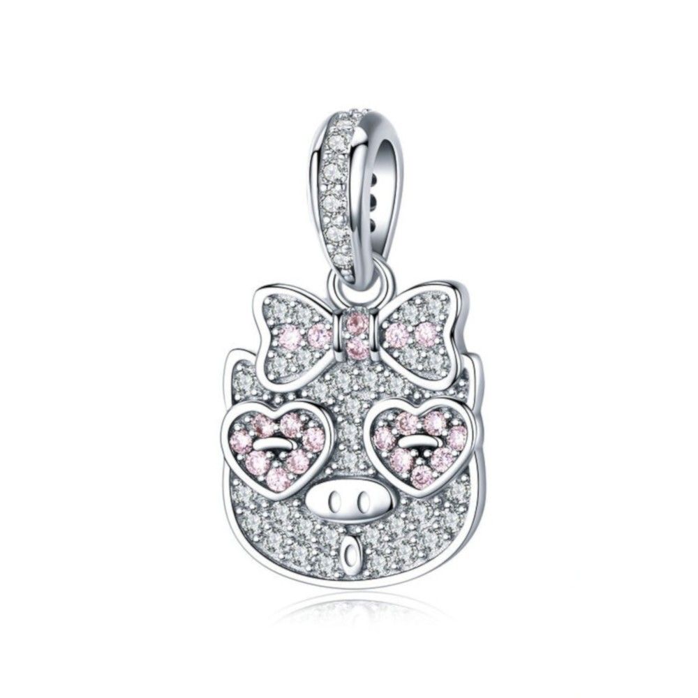 Sterling silver pendant charm Pig with pink bow tie