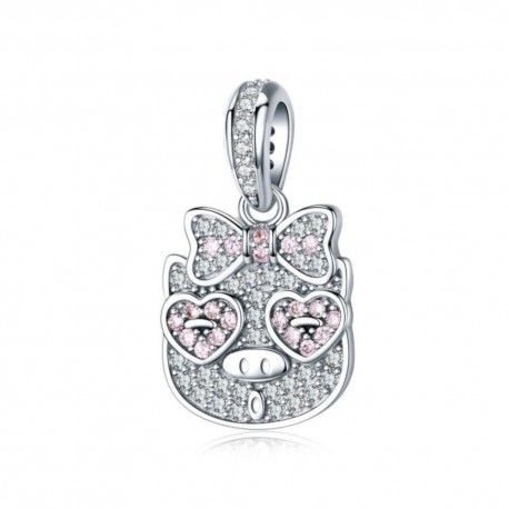 Charm pendente in argento Maiale con farfallino rosa