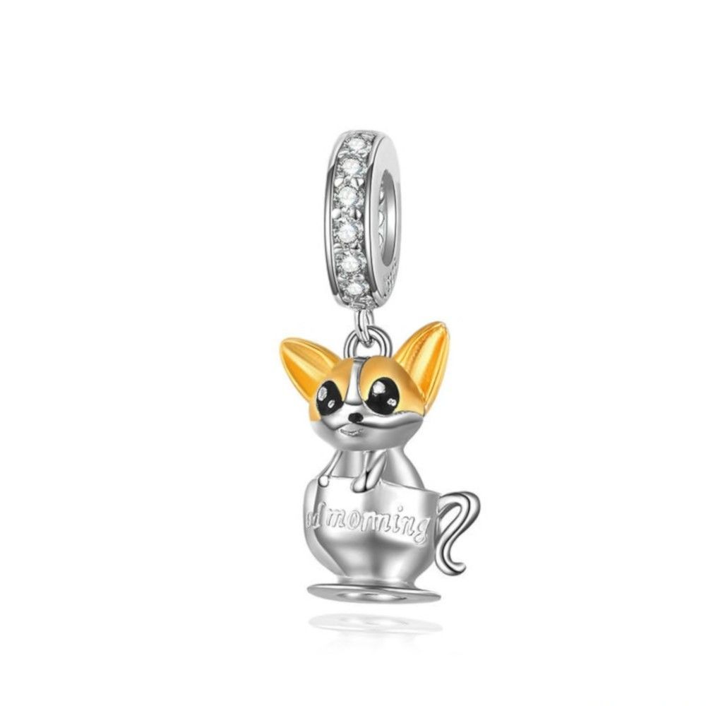 Sterling silver pendant charm Good morning cup with puppy