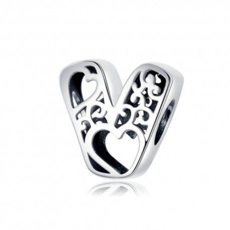 Sterling silver alphabet charm with hearts letter V