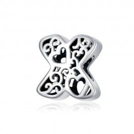 Zilveren alfabet bedel letter X met hartjes