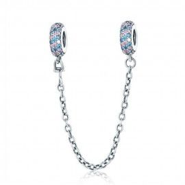 Sterling silver safety chain Charm with pink and blue stones