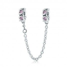 Sterling silver safety chain Charm with pink hearts