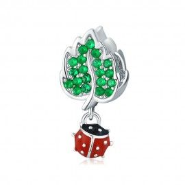Sterling silver pendant charm Ladybug with green leaf