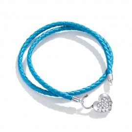 Double woven leather charm bracelet Lucky blue