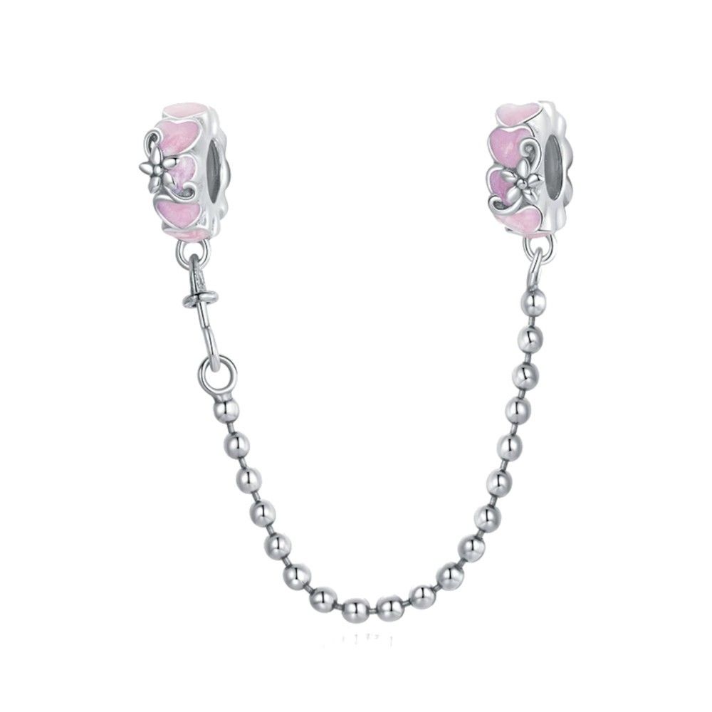 Sterling silver safety chain Pink flowers