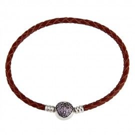 Bracelet tressé  en cuir avec clip coeur en zircone rose