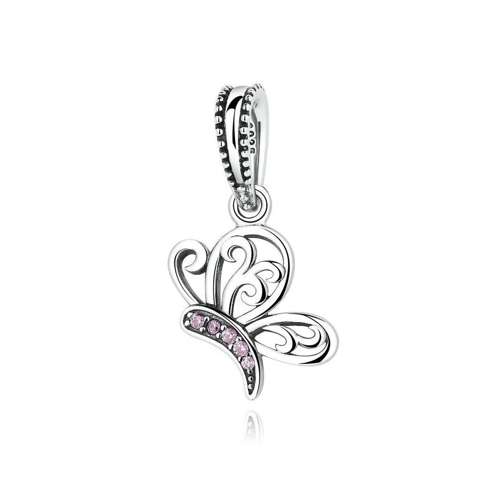 Sterling silver pendant charm butterfly with pink zirconia