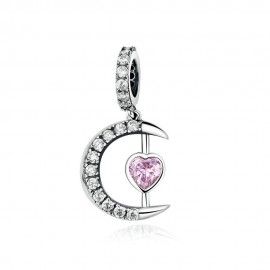 Charm pendente in argento Luna con cuore rosa