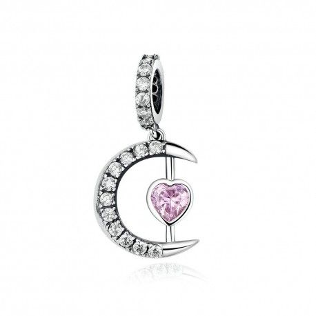 Sterling silver pendant charm Moon with pink heart