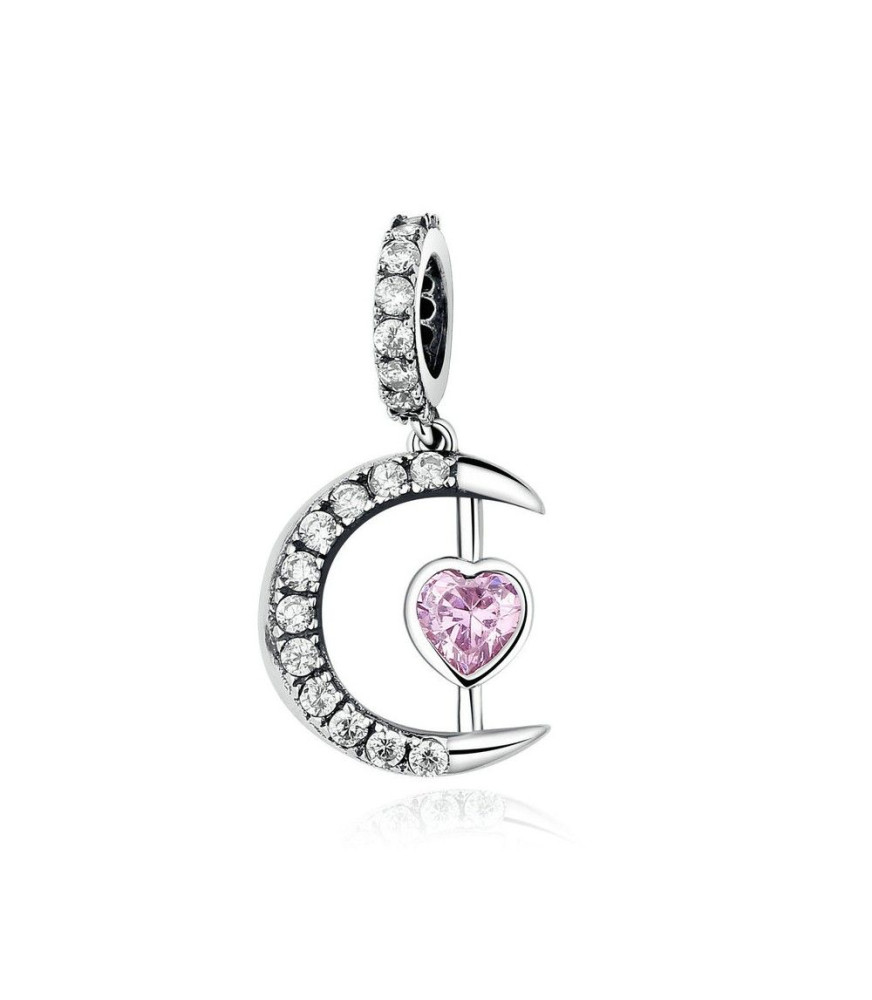 Sterling silver pendant charm Moon with pink heart